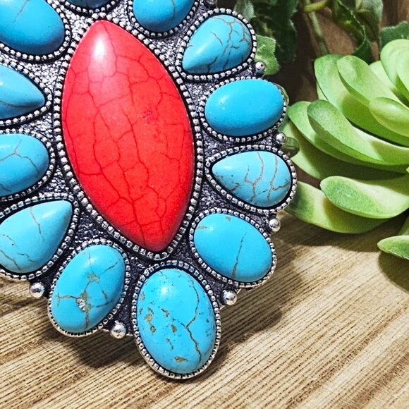 Silver Cuff Southwestern Style Bracelet. Turquoise and Red Faux Stones. NWT. - Picture 7 of 9